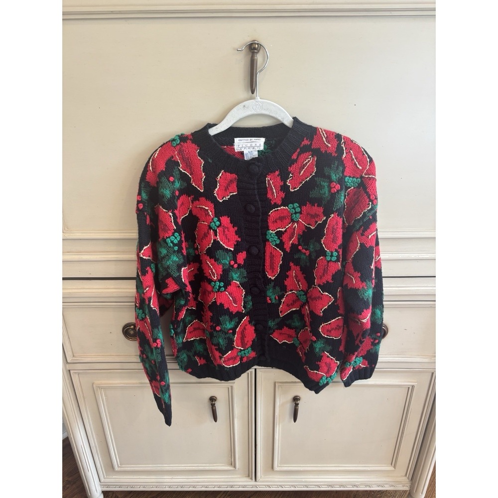Picone Sport Hand Knit Vintage Christmas Holiday Pointsetta Embroidered Sweater